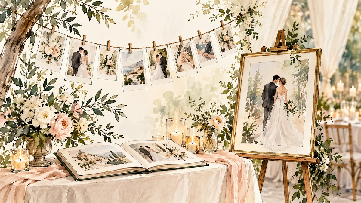 Watercolor illustration of wedding photos displayed on a twine line, in an album, and in a framed print on an easel.